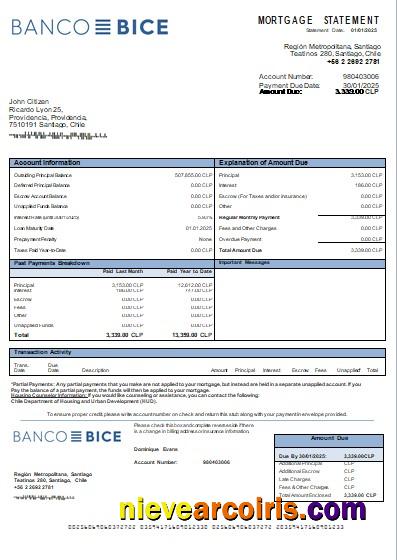 Chile Banco Bice bank mortgage statement